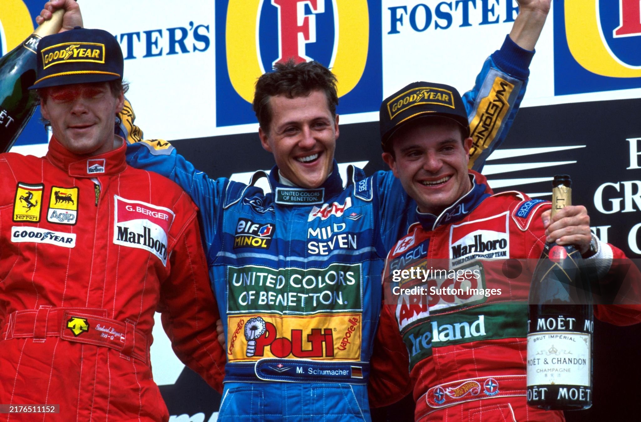 Gerhard Berger, Ferrari, second, Michael Schumacher, Benetton, winner and Rubens Barrichello, Jordan, third, on the podium of the Pacific Grand Prix in Japan on 17 April 1994. 