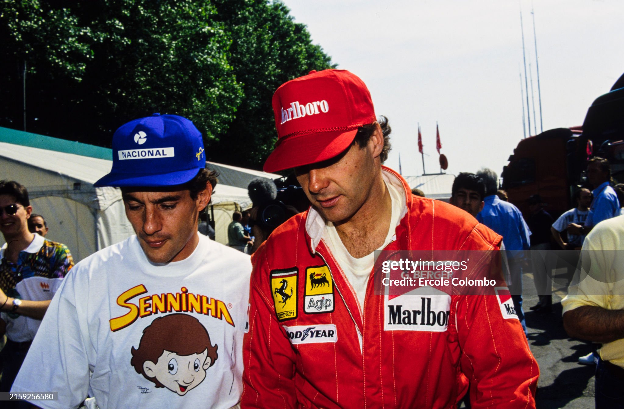 Gerhard Berger with Ayrton Senna during the San Marino Grand Prix at Imola on 01 April 1994. 
