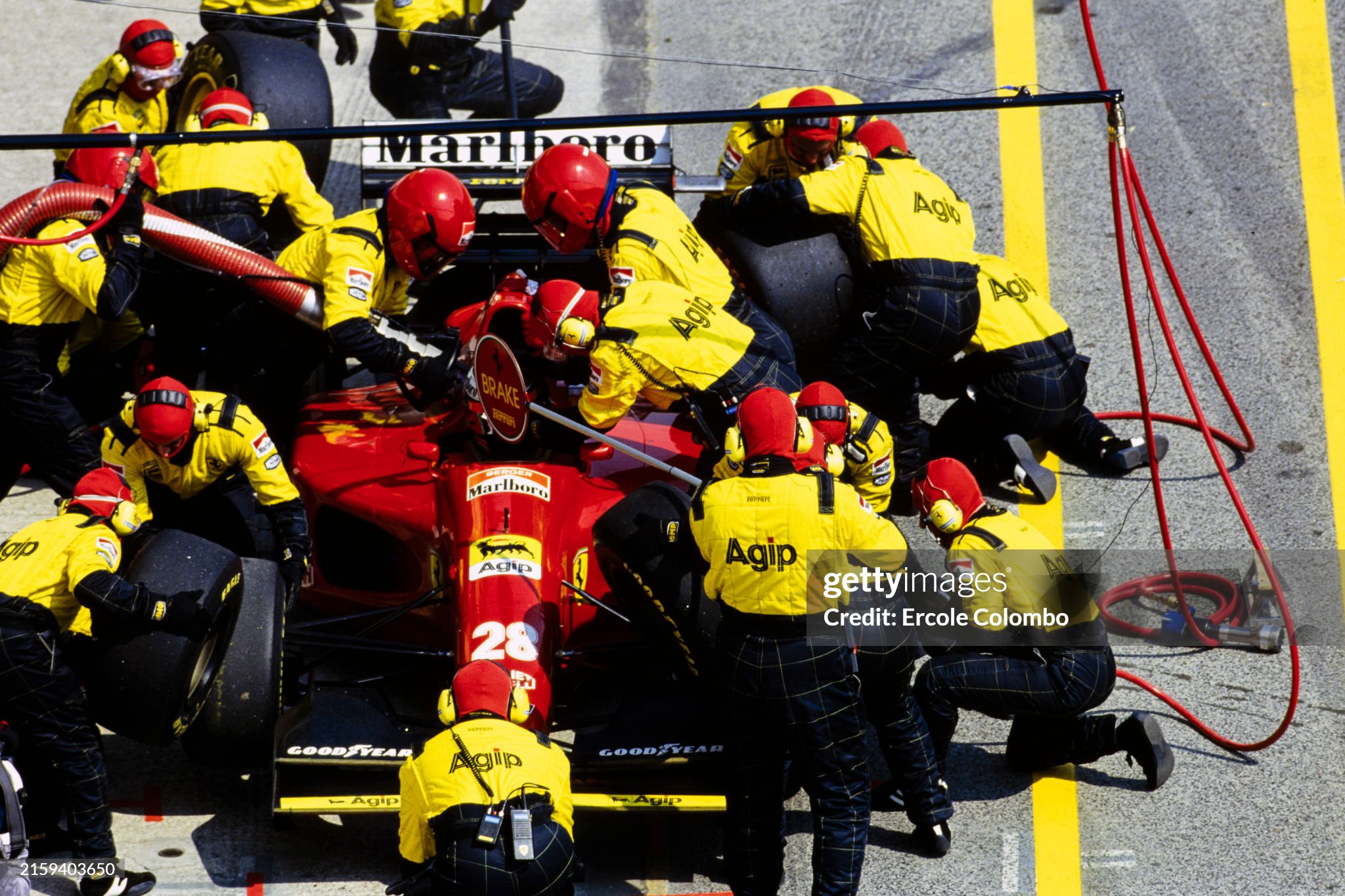 Gerhard Berger, Ferrari 412T1, makes a pitstop during the San Marino Grand Prix at Imola on 01 May 1994. 
