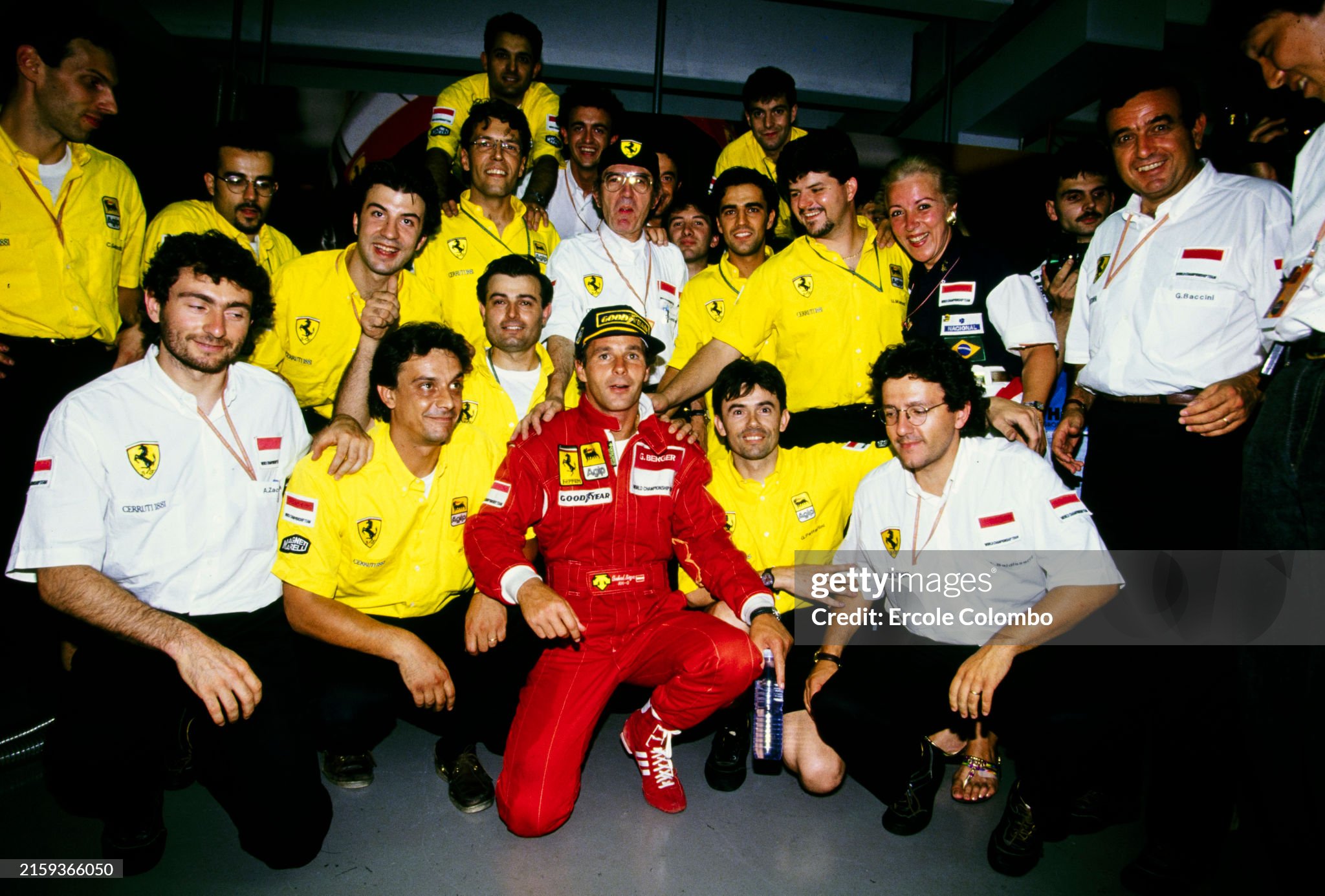 Gerard Berger celebrates his victory with the Ferrari team after the German Grand Prix at Hockenheimring on July 31, 1994. 