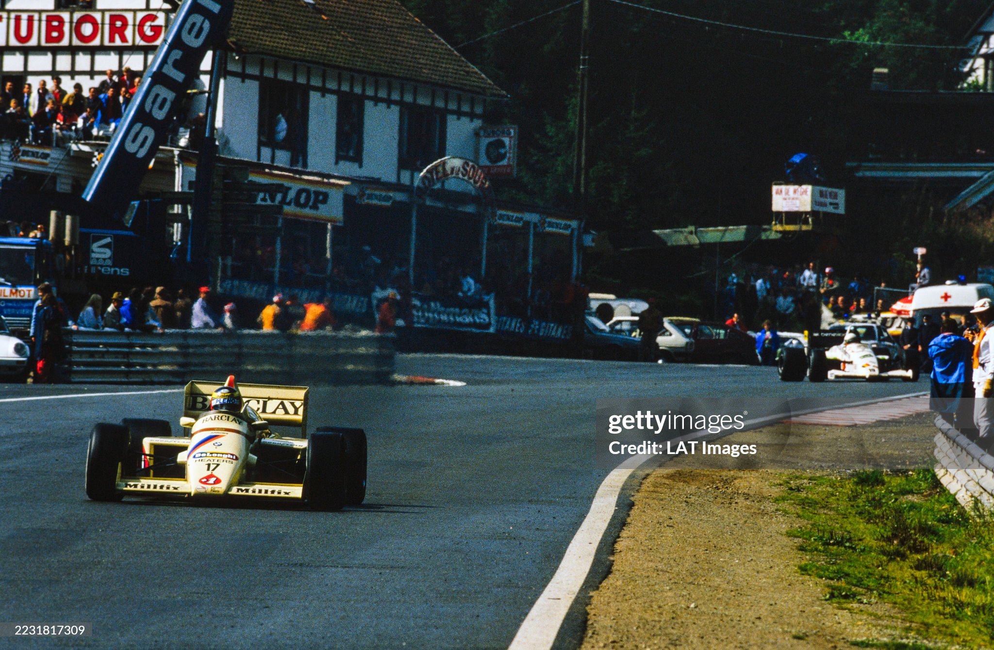 Gerhard Berger, Arrows A8 BMW, leads Teo Fabi, Toleman TG185 Hart, during the Belgian Grand Prix at Spa-Francorchamps on September 15, 1985. 