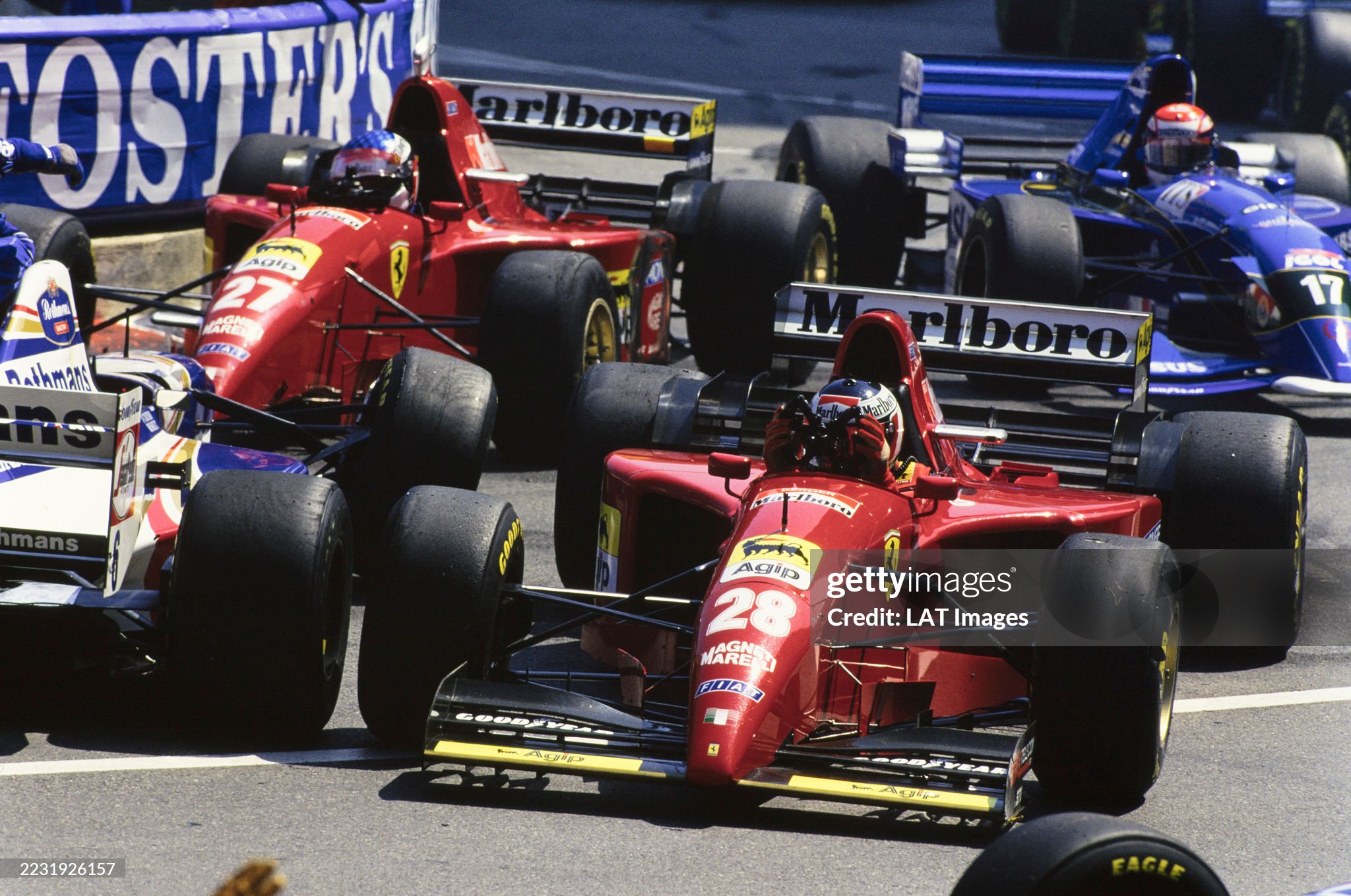 David Coulthard, Williams FW17 Renault, Jean Alesi, Ferrari 412T2, Gerhard Berger, Ferrari 412T2 and Andrea Montermini, Pacific PR02 Ford, during the collision that blocked the track in the opening stages, causing a red flag during the Monaco Grand Prix at Monte Carlo on 28 May 1995. 