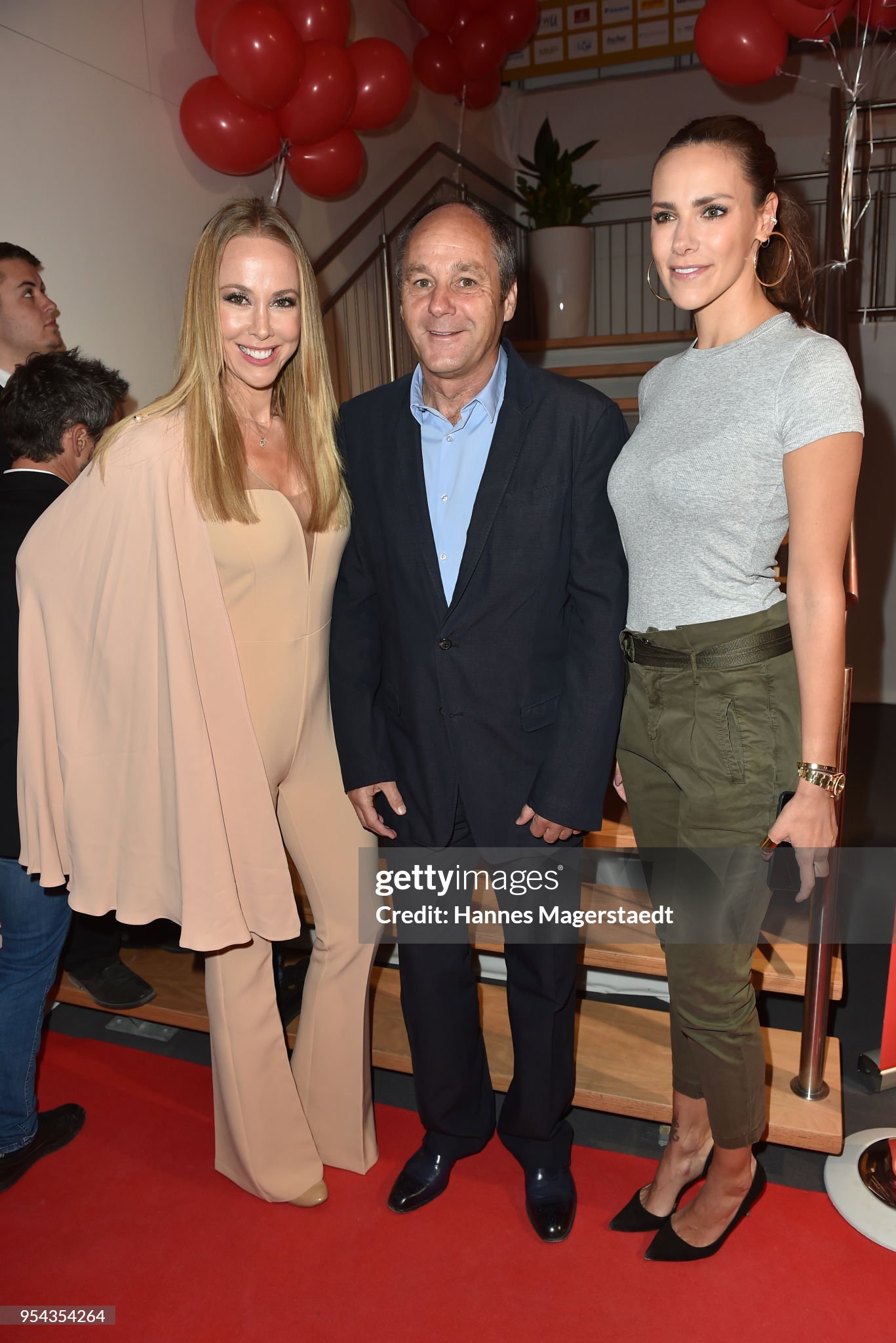 Gerhard Berger, Sylvia Walker and Esther Sedlaczek attend the Bild Muenchen Newspaper 50th anniversary party in Munich, Germany, on 03 May 2018. 