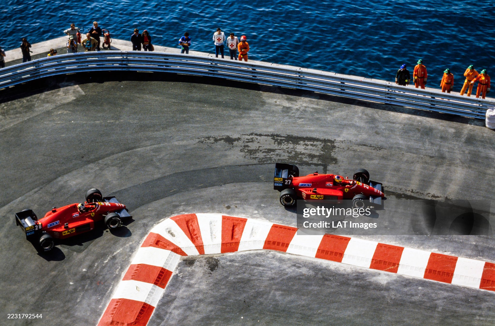 Michele Alboreto, Ferrari F1-87, leads Gerhard Berger, Ferrari F1-87, during the Monaco Grand Prix at Monte Carlo on May 31, 1987. 