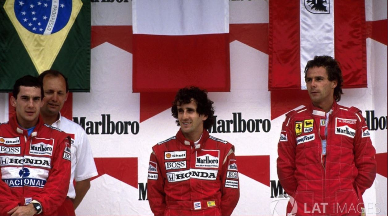 Ayrton Senna, Alain Prost and Gerhard Berger on the podium of the 1988 Mexican Grand Prix.