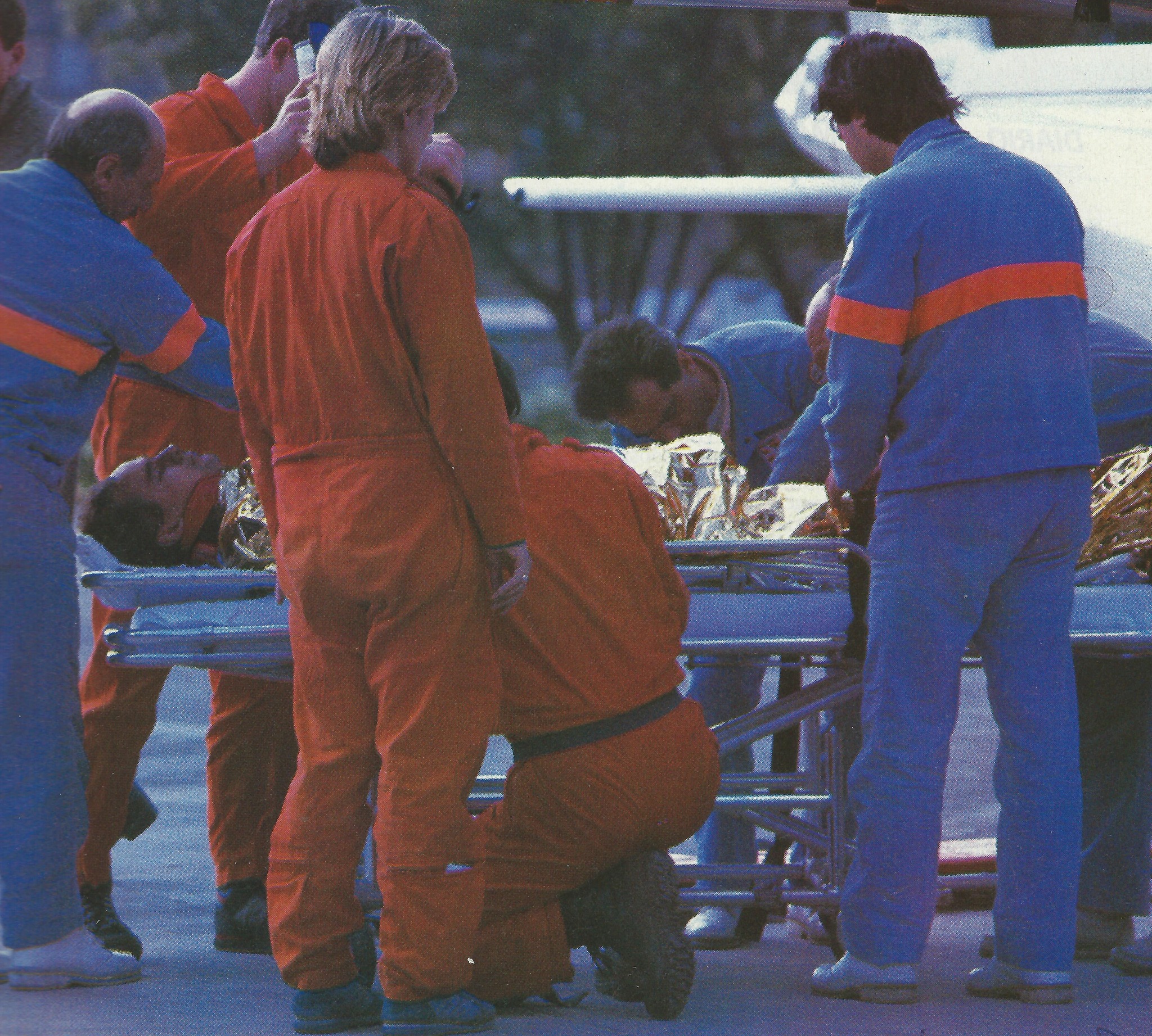 Gerhard Berger after his accident at the San Marino Grand Prix in 1989.