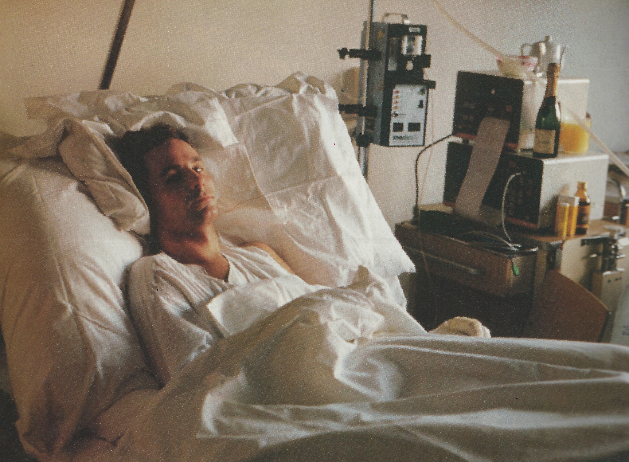 Gerhard Berger in bed after his accident at the San Marino Grand Prix in 1989.