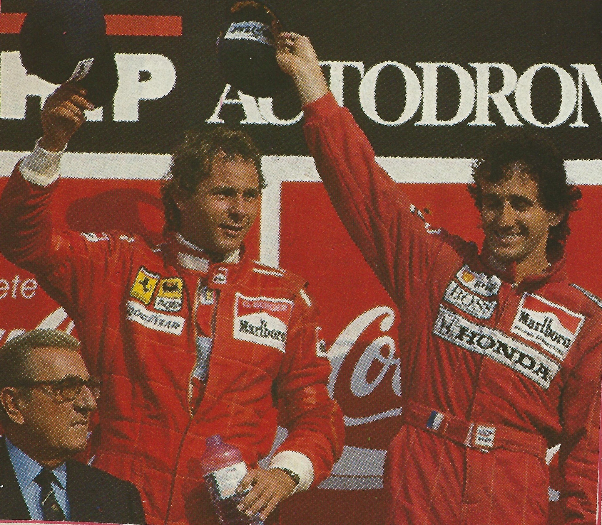 Gerhard Berger and Alain Prost on the podium in Italy in 1989.