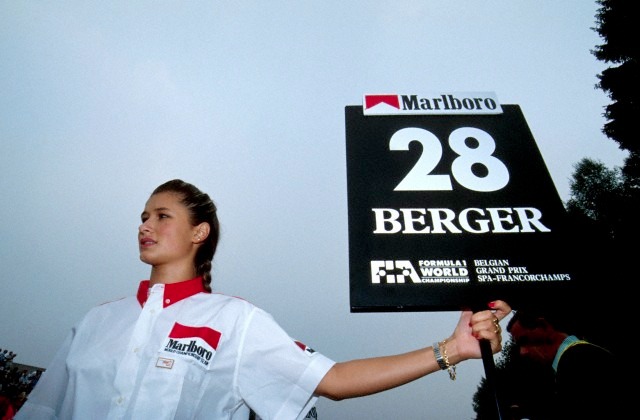 A Marlboro grid girl for Gerhard Berger in Belgium in 1990.