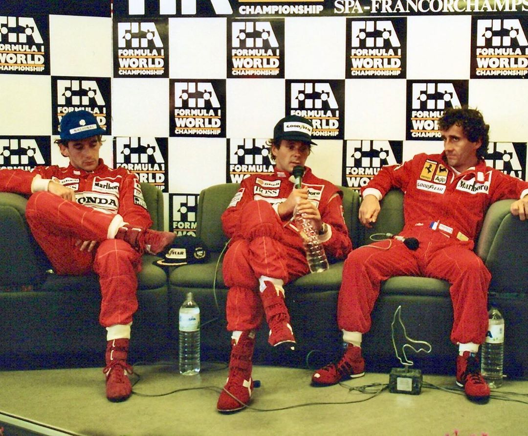 Ayrton Senna, Gerhard Berger and Alain Prost at the end of the 1990 Belgian Grand Prix.