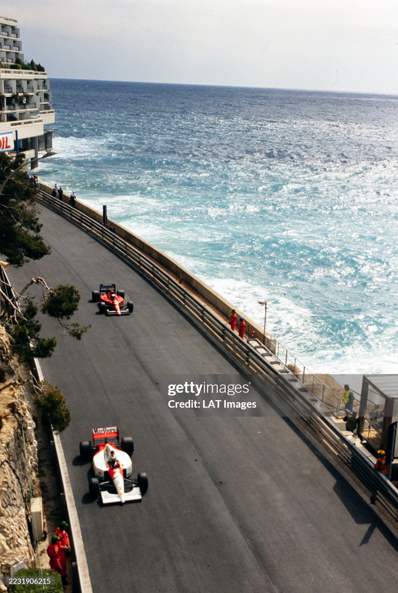 Gerhard Berger, McLaren MP4-6 Honda, leads Alain Prost, Ferrari 642, during the Monaco Grand Prix at Monte Carlo on 12 May 1991. 