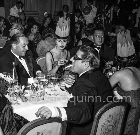 Aristotle and Tina Onassis. On the right Gianni Agnelli. New year's eve dinner. Hotel de Paris, Monte Carlo, 1954. 