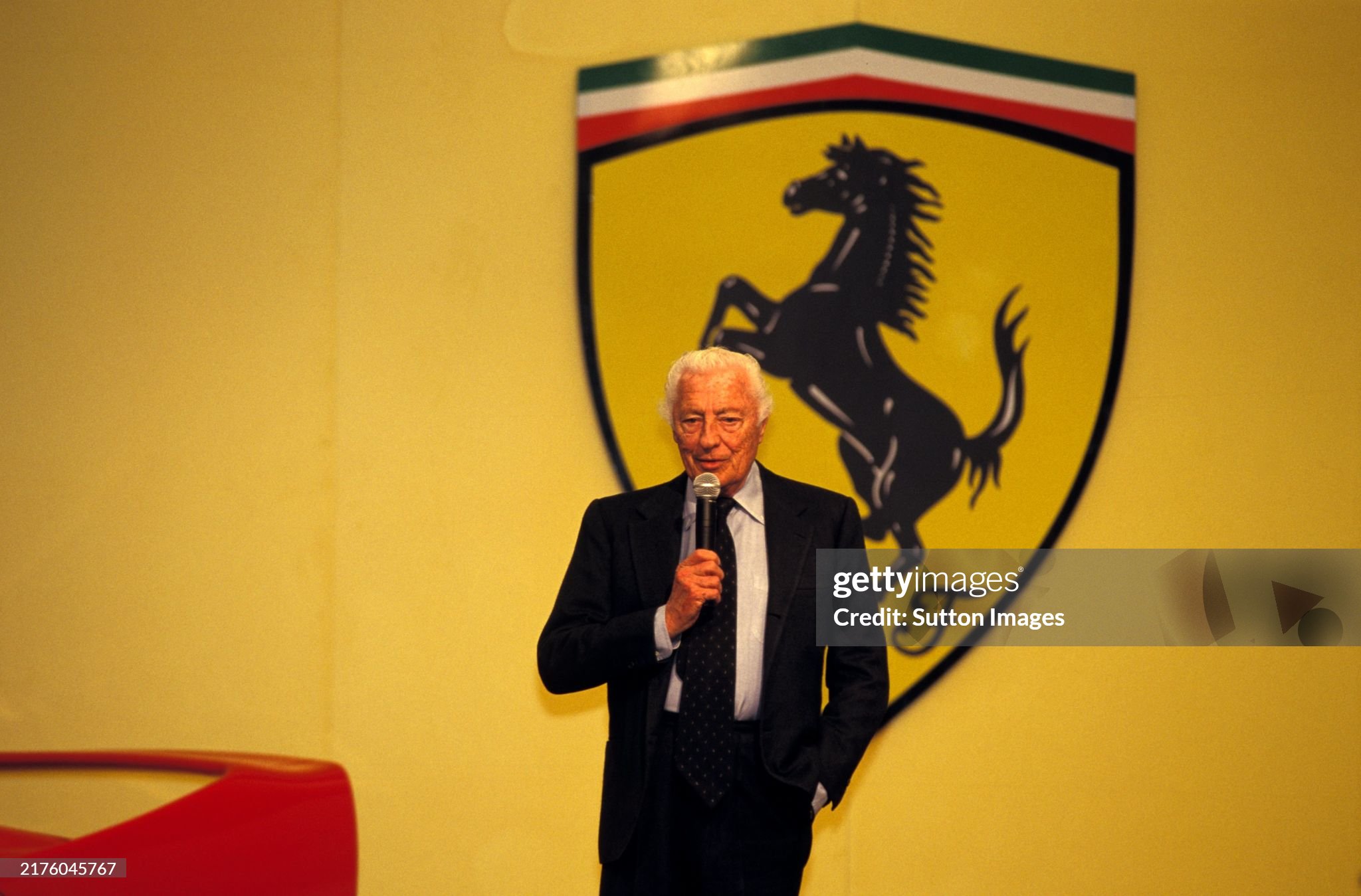 Gianni Agnelli addresses the media at the launch of the new Ferrari F310 in Fiorano, Italy, on 15 February 1996. 
