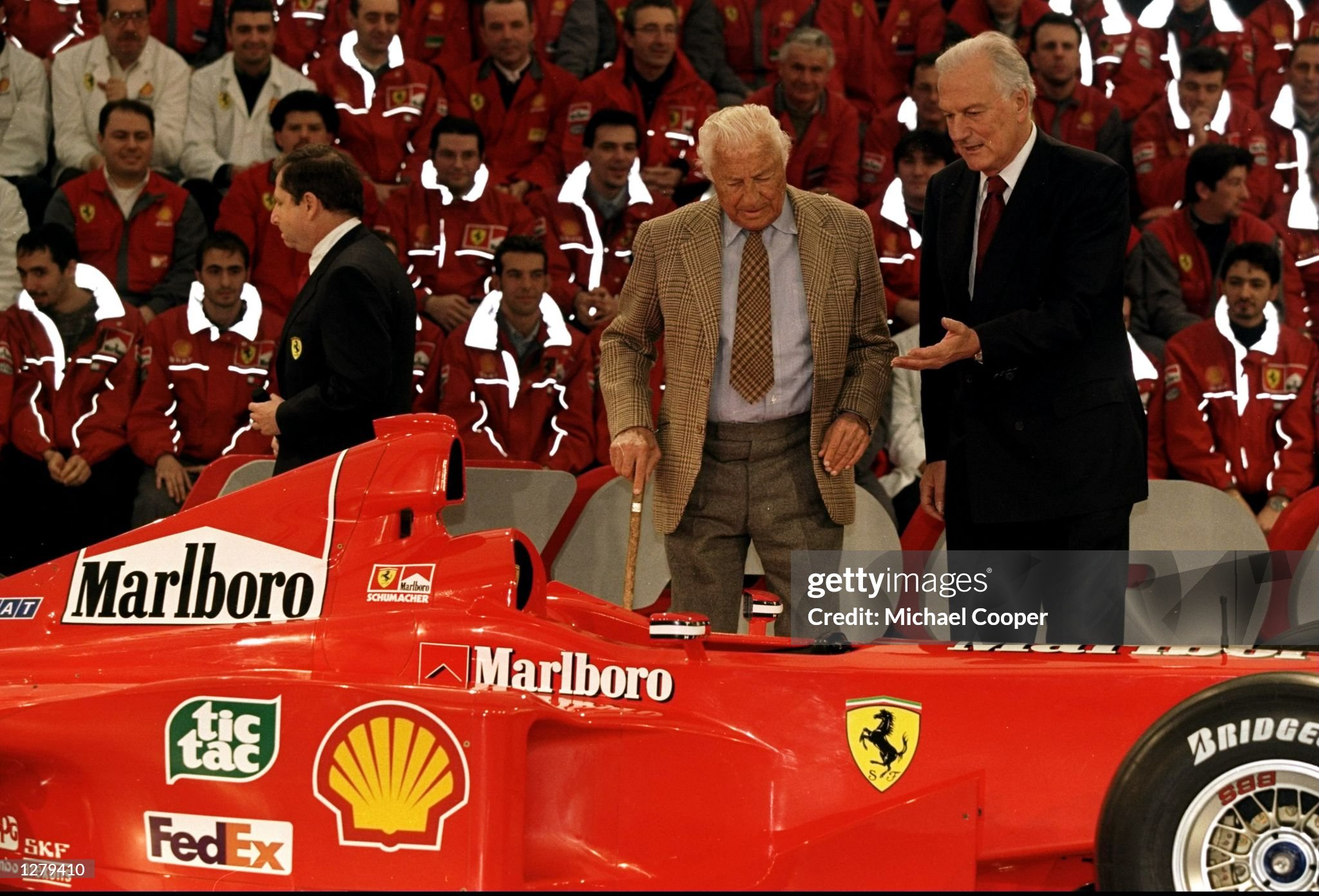 Gianni Agnelli checks the new F399 Ferrari Formula 1 racing car at the 1999 Ferrari launch in Maranello, Italy, on 29 January 1999. 