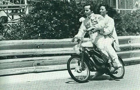 Gilles and Johanna Villeneuve on a scooter.
