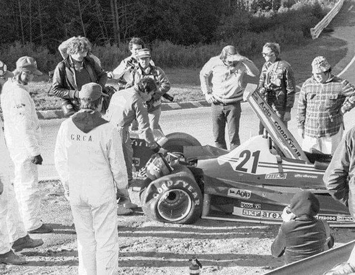 The damaged rear suspension, wing and tyre of the Ferrari 312T2 of Gilles Villeneuve after he crashed during practice of the Canadian Grand Prix at Mosport Park on 09 October 1977.