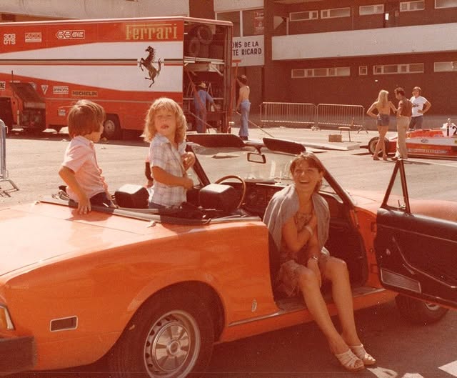 Le Castellet 1978. Joann with little Jacques and Melanie in a 124. In the background Gilles' Ferrari 312 T3.