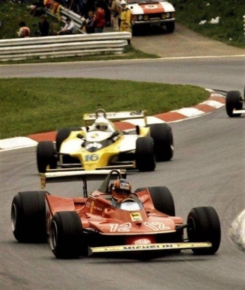 Gilles Villeneuve driving his Ferrari 312 T4 followed by the Renault of Rene’ Arnoux.