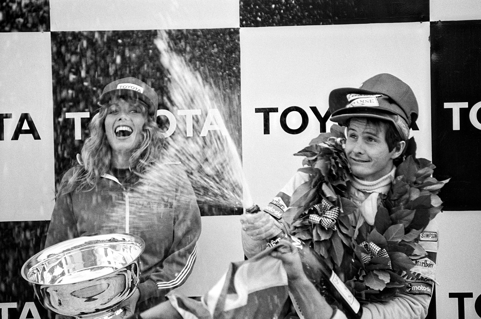 Villeneuve celebrates on the podium a fantastic victory at the 1979 season finale in Watkins Glen on 07 October 1979.