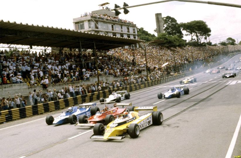 Jean Pierre Jabouille (Renault), Gilles Villeneuve (Ferrari) and Didier Pironi (Ligier) at the Brazilian Grand Prix on 27 January 1980.