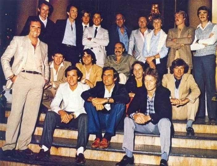 Gilles Villeneuve in Monte Carlo in 1980 with his fellow drivers.