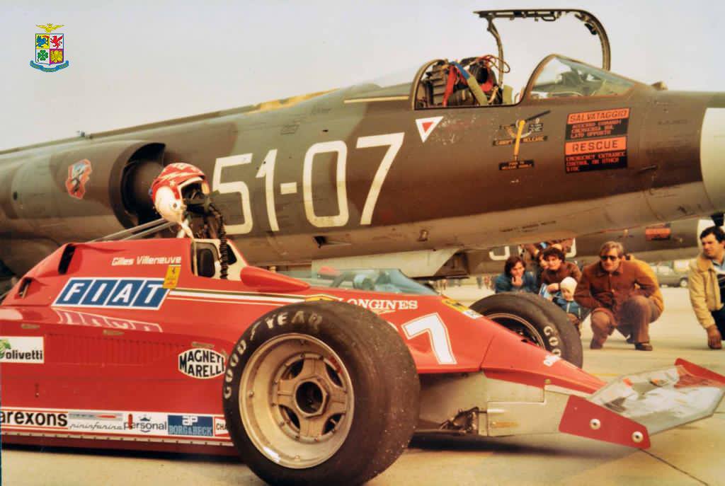 The challenge between an Italian Air Force 51° Stormo F-104S piloted by Lt. Daniele Martinelli and a Ferrari 126CK driven by Gilles Villeneuve, on 21 November 1981 at the Istrana air base.