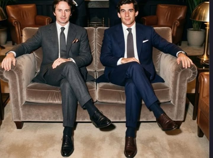 Gilles Villeneuve and Ayrton Senna in suits and ties.