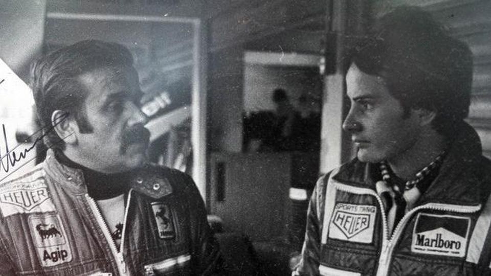 Gilles Villeneuve with Giorgio Giovetti, his great friend. Giovetti worked in the ceramics field and let Villeneuve contact the sponsor PIEMME. After Gilles' death Giorgio invited his father Seville to Italy and was invited to Canada by the Villeneuves.