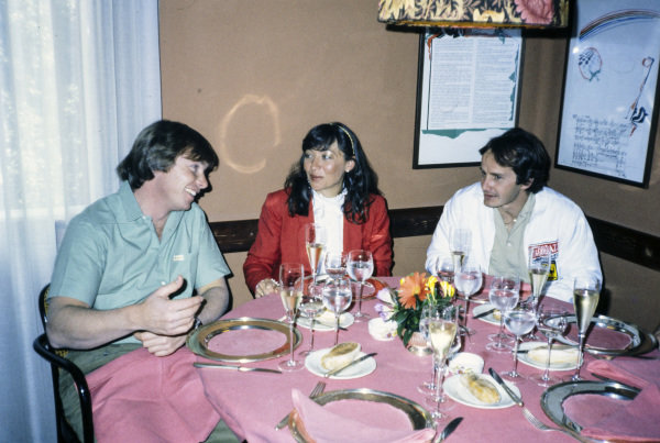 Gilles and Joann Villeneuve with Didier Pironi at the Imola Grand Prix on 25 April 1982. 