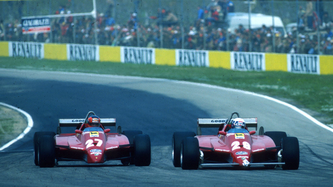 Gilles Villeneuve and Didier Pironi fighting at the Imola Grand Prix on 25 April 1982.