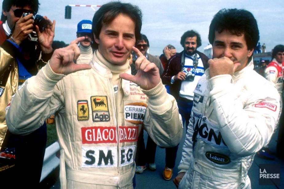 Gilles Villeneuve miming taking a photo at the 1981 Canadian Grand Prix, a gesture that makes his brother Jacques laugh. 