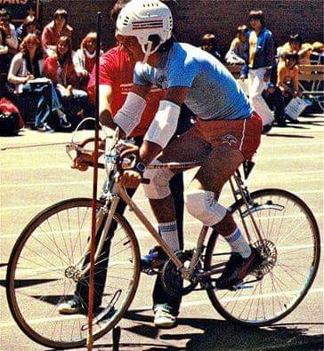 Gilles Villeneuve on a bicycle.