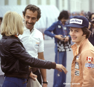 Joann and Gilles Villeneuve with Ecurie Canada team manager Ray Wardell at Trois Rivieres on 05 September 1976.