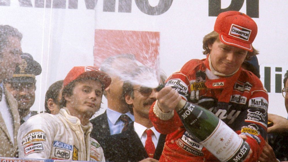 Gilles Villeneuve and Didier Pironi on the podium at Imola.