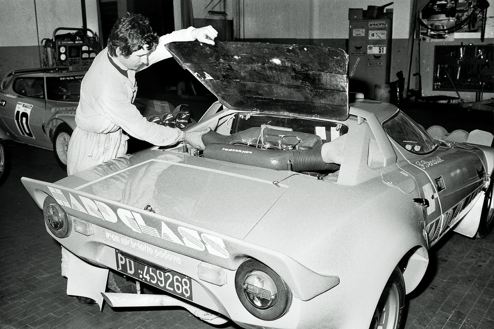 A young Giuliano Michelotto with a Lancia Stratos Group 4.