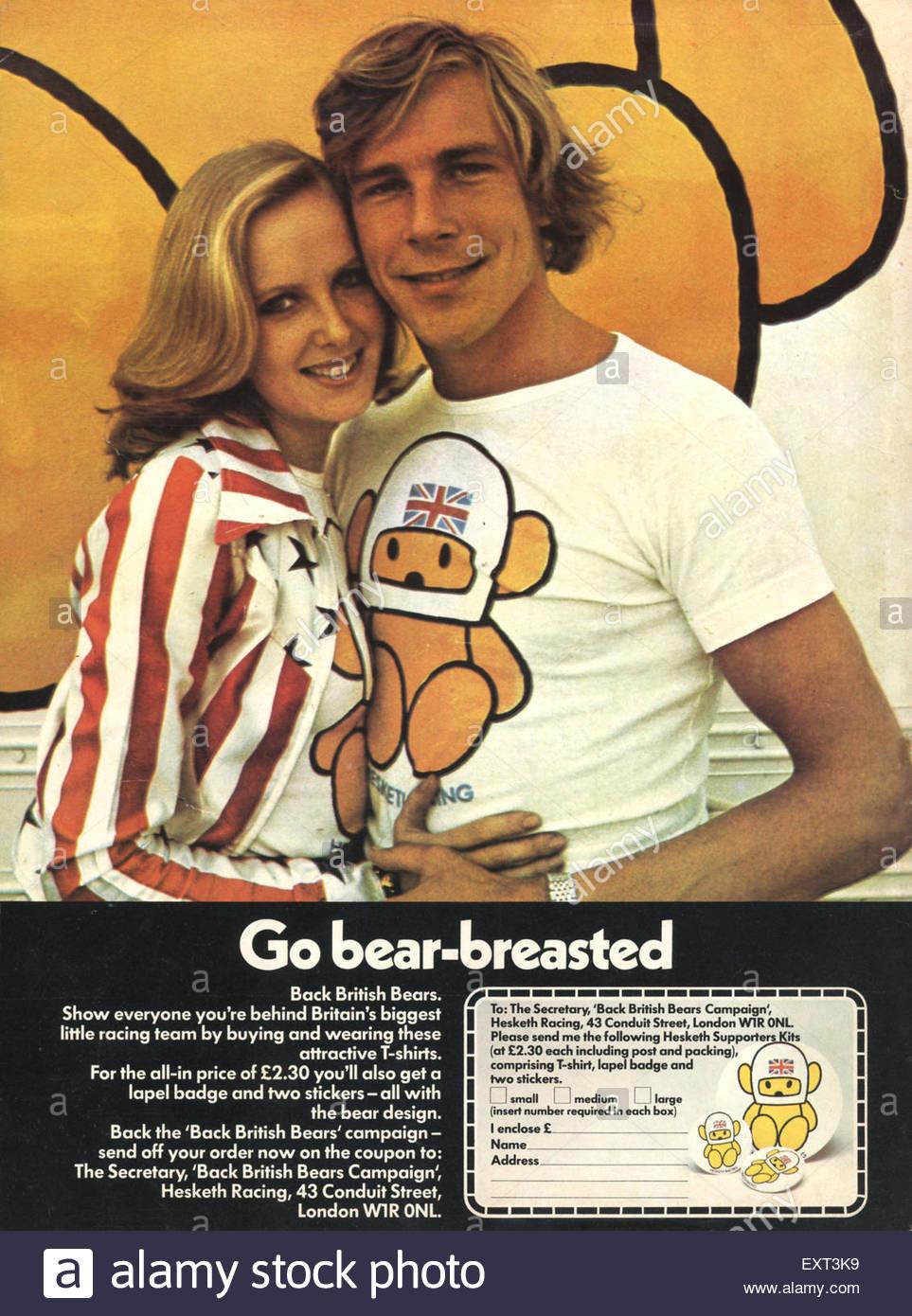 1970s Uk, Hesketh racing magazine advert with James Hunt and a girl.