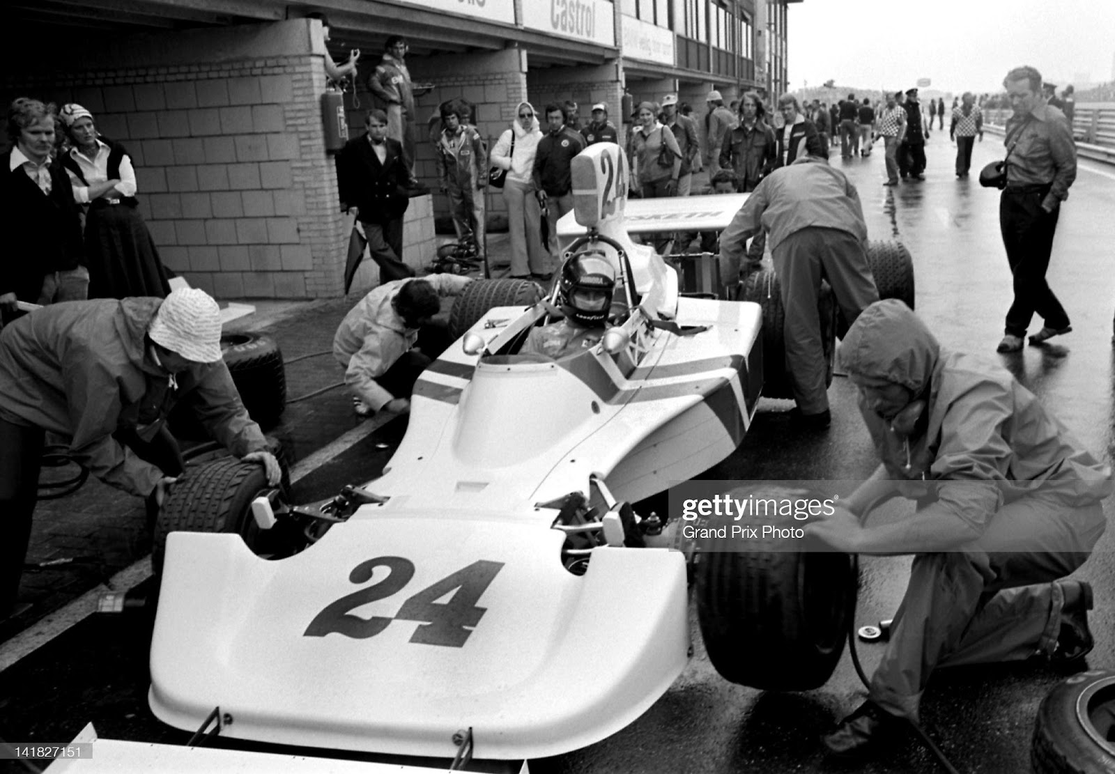 James Hunt makes an early pitstop driving the n. 24 Hesketh Racing Hesketh 308B Cosworth V8 DFV during the Dutch Grand Prix on 22nd June 1975 at the Circuit Park Zandvoort in Zandvoort, Netherlands. 