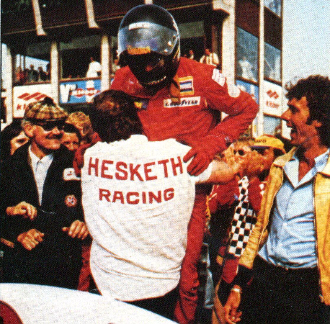 Lord Hesketh jubilant at James winning the Dutch GP in 1975.