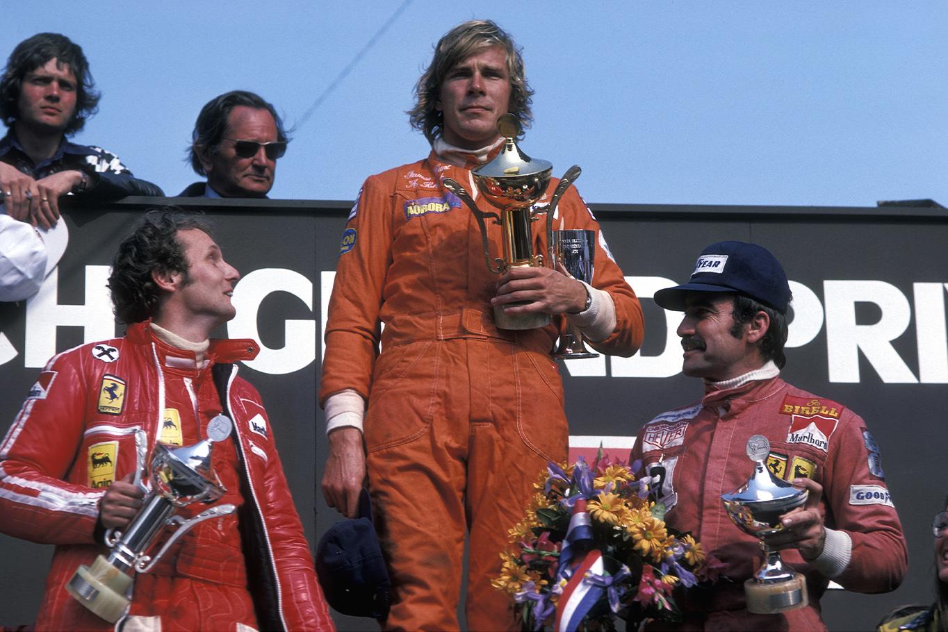 James Hunt, Niki Lauda and Clay Regazzoni on the podium. 