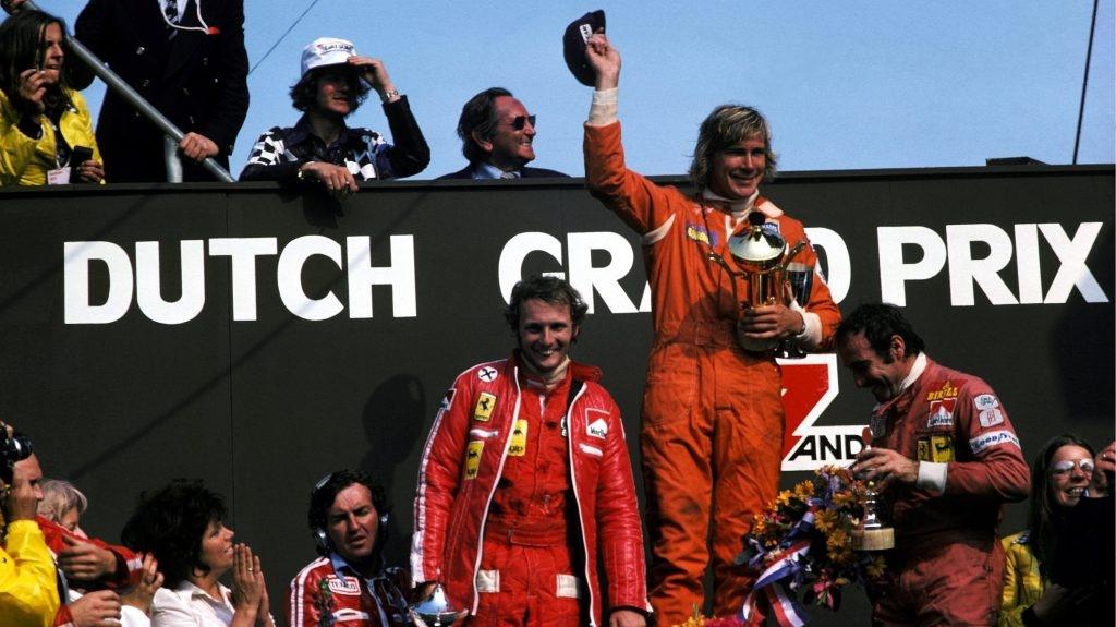 Niki Lauda, James Hunt and Clay Regazzoni on the podium.