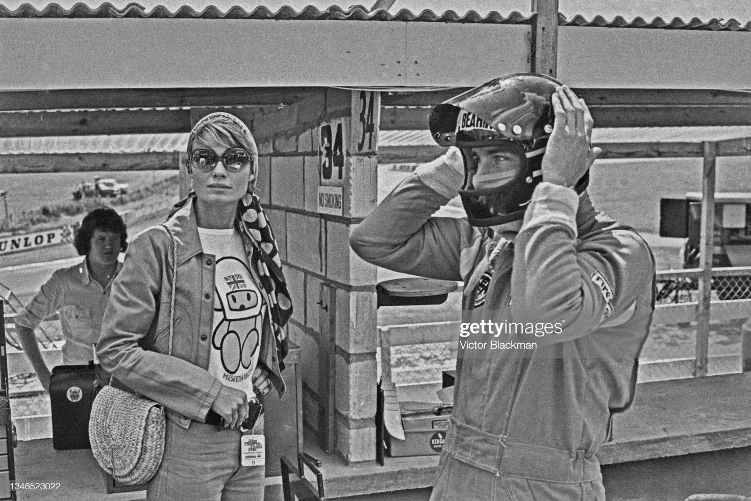 James Hunt with his fiancée, model Suzy Miller in the run-up to the British Grand Prix, UK, 17th July 1974. Miller is wearing a Hesketh Super Bear t-shirt. 