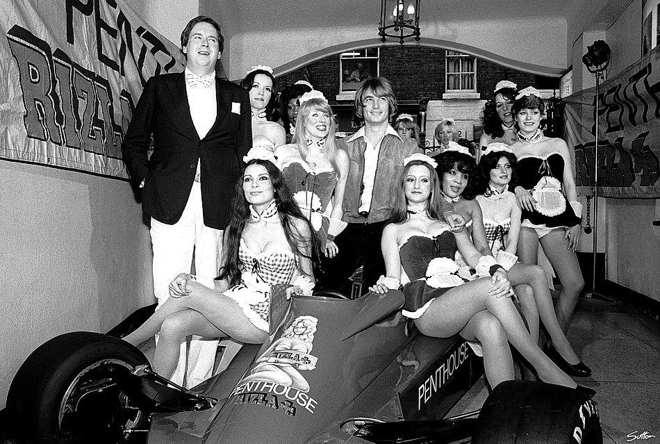Lord Hesketh with Rupert Keegan and ladies from the adult magazine, Penthouse, the main sponsor of the Hesketh team alongside Rizla, at the presentation of Hesketh 308E in 1977.
