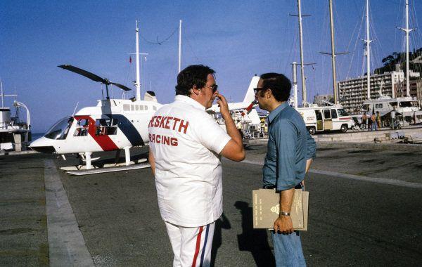 Lord Hesketh in front of his branded helicopter at the 1974 Monaco Grand Prix.