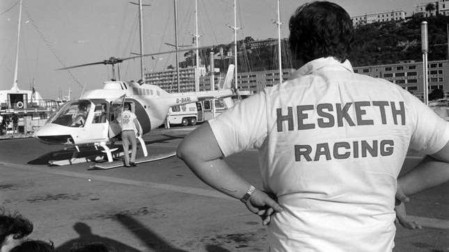 Lord Hesketh in front of his branded helicopter at the 1974 Monaco Grand Prix.
