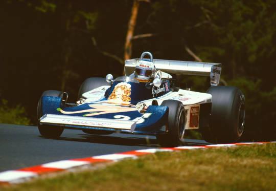 Guy Edwards, Hesketh, at German Grand Prix, Nurburgring, in 1976.
