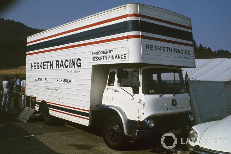 Hesketh racing-team’s truck, 2-axle Bedford TK transporter, in the paddock at the 1973 Austrian Grand Prix.
