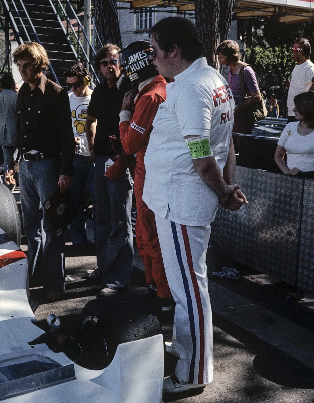 Lord Hesketh with Hunt, team manager Bubbles Horsley and Postlethwaite at Monaco in 1974.