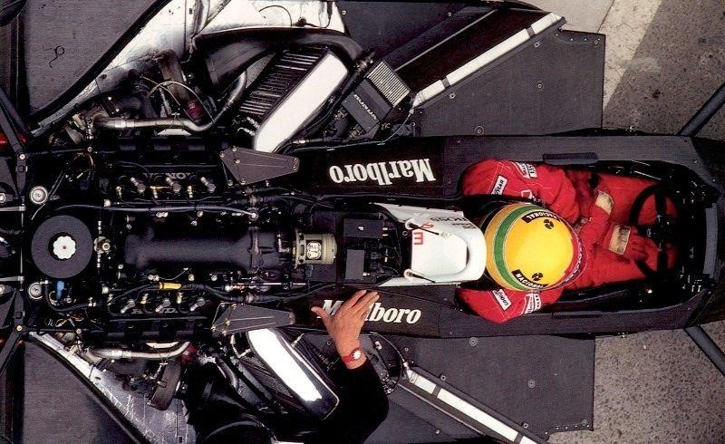 Ayrton Senna in a McLaren MP44 - Honda RA168E, 1.6 V6 twin turbo 2.5.