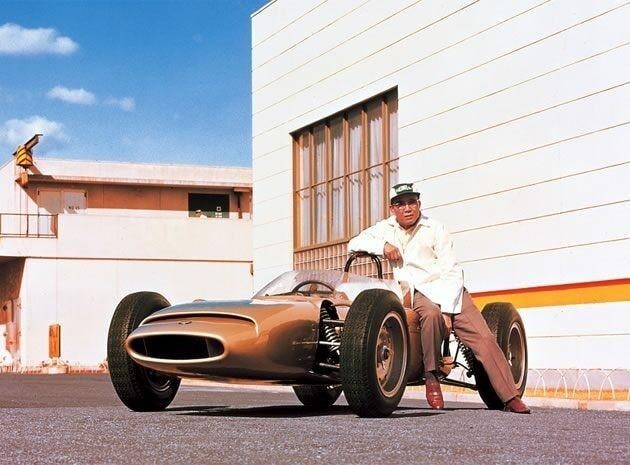 Soichiro Honda and the first Honda F1 prototype that recalls the Cooper-Climax.