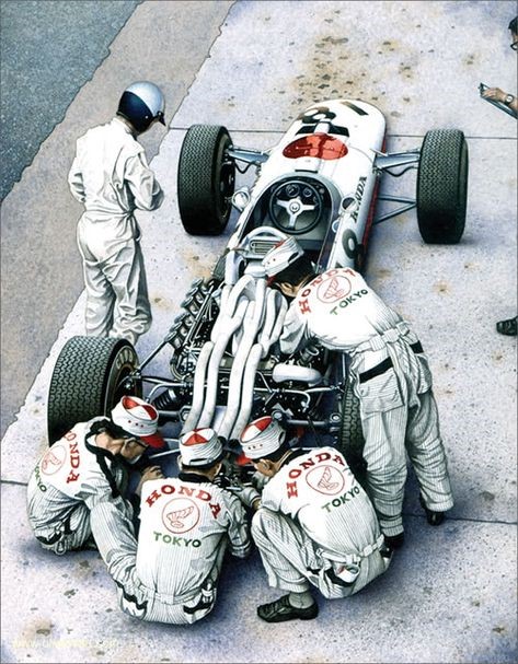 Richie Ginther stands beside the 1966 F1 Honda in preparation for the Italian Grand Prix at Monza.
